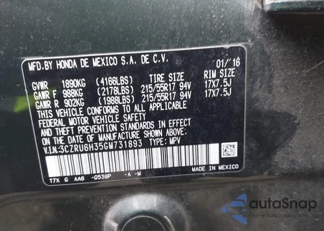 2016 Honda Hr-V Lx z USA, uszkodzony, nr VIN 3CZRU6H35GM731893